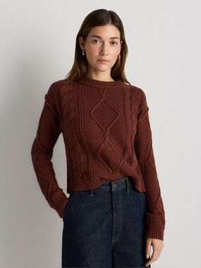 Quince 100% Organic Cotton Cropped Cable Crew Sweater Redwood Brown XS